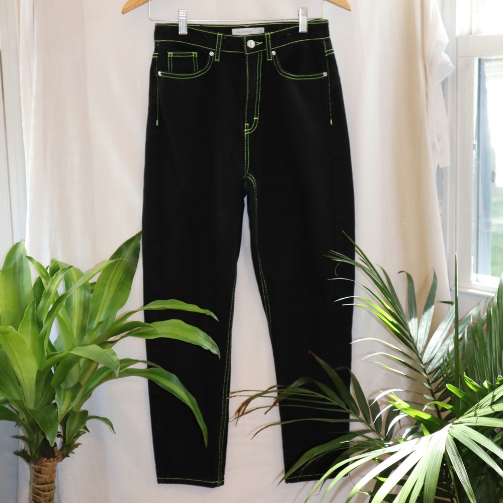 Black Topshop Mom Jeans with Neon Green Stitching